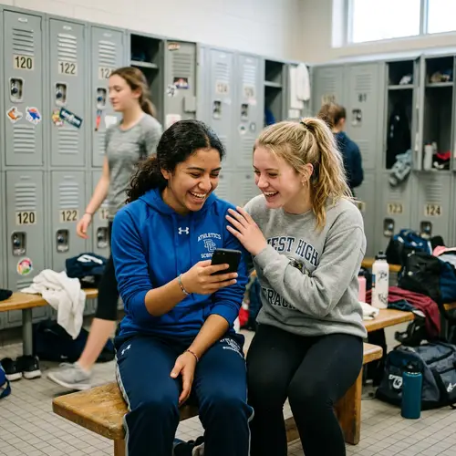 Candid Moments: Two Girls in Modern Locker Room