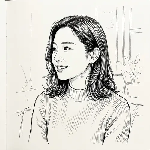 Black and White Line Drawing of Asian Female