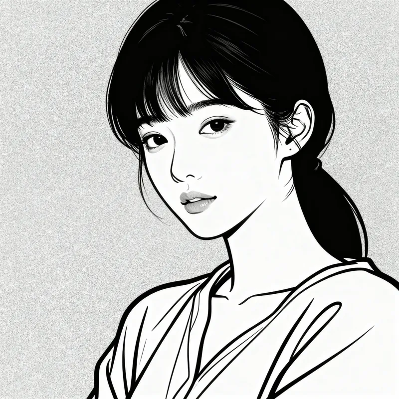 Black and White Line Drawing of Asian Female