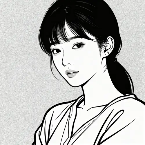 Black and White Line Drawing of Asian Female