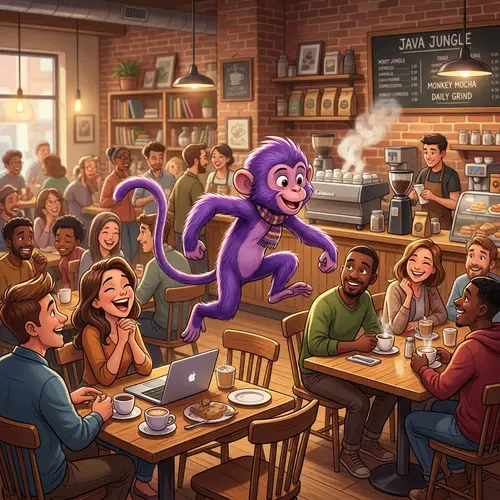 Animated Monkey with Purple Fur in Lively Coffee Shop