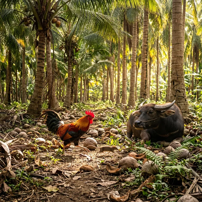 Rooster, Mouse, Buffalo Play in Coconut Forest Rooster, Mouse, Buffalo Play in Coconut Forest
