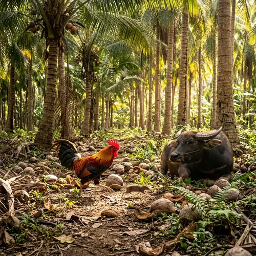 Majestic Rooster, Tiny Mouse, Buffalo Play in Coconut Forest