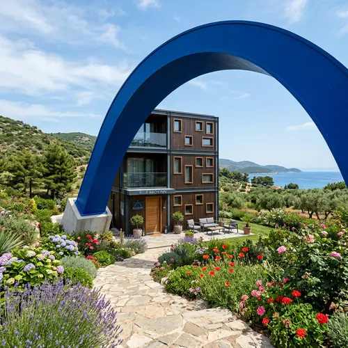 Vibrant Blue Arch Micro-Hotel Amidst Lush Foliage