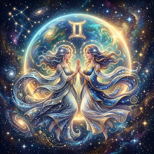 Gemini Zodiac Sign Illustration on Celestial Planet
