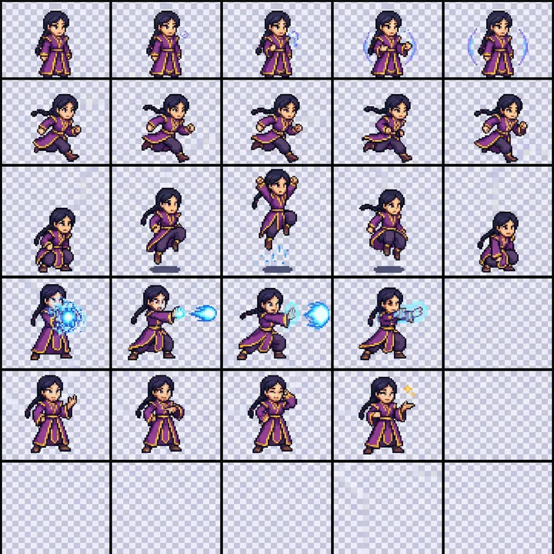Detailed Sprite Sheet for Pixel Art-Style East Asian Female Magician Character