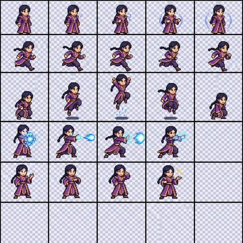 Detailed Sprite Sheet for Pixel Art-Style East Asian Female Magician Character