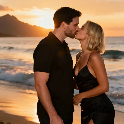 Romantic Sunset Kiss by the Ocean