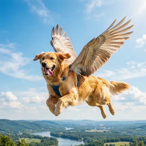 Golden Retriever with Wings Soaring in a Dreamy Blue Sky