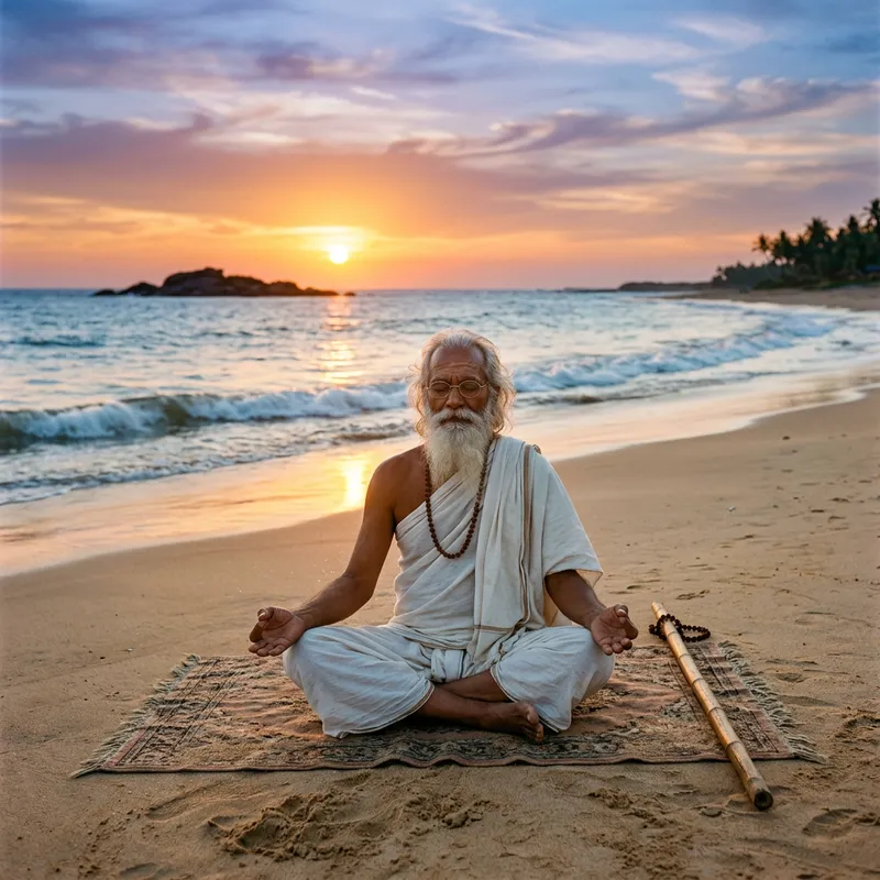 Gandhi Meditating on Tranquil Beach at Sunset