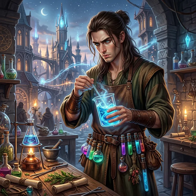 Young and Handsome Alchemist's Apprentice in High Fantasy Style