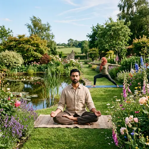 Peaceful Meditation in Lush Garden with Blooming Flowers