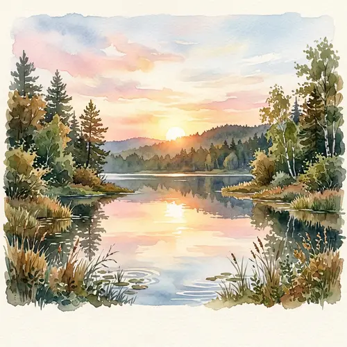 Tranquil Sunrise Over Lake Watercolor Art