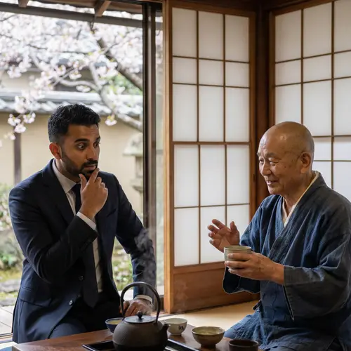 Indian Man Conversing with Zen Master | Cultural Encounter