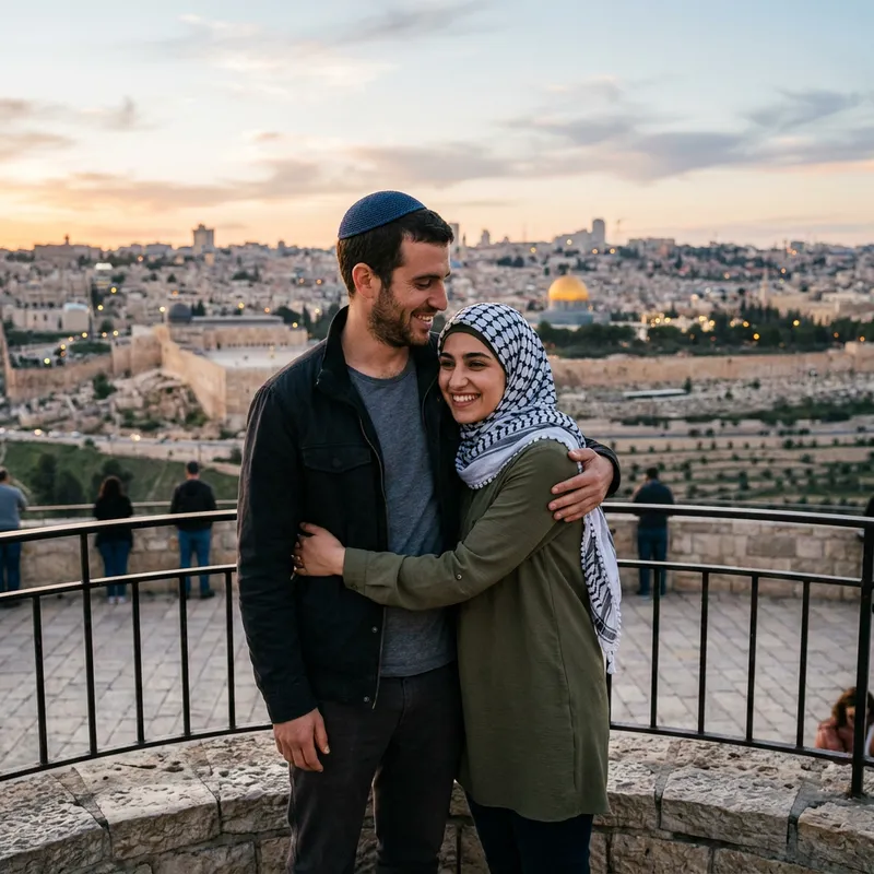 Israeli and Palestinian Embracing in Jerusalem Landscape