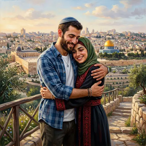 Unity and Peace: Israeli Man and Palestinian Woman Embrace in Jerusalem