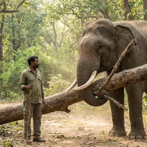 Man and Elephant in Nature | Tree Trunk Breaking Scene