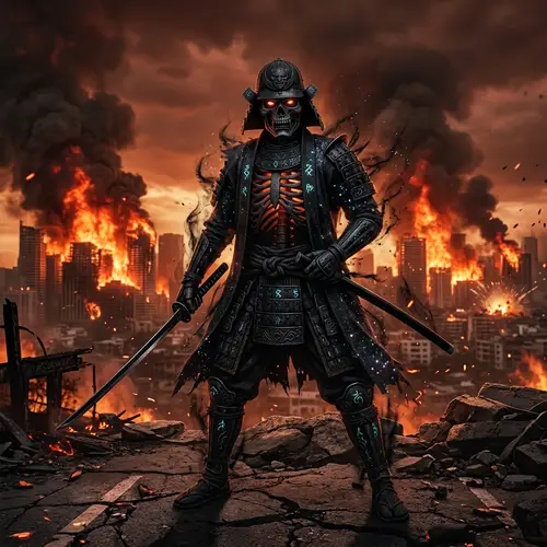 Black Samurai Skeleton Warrior - Dystopian Cityscape Scene