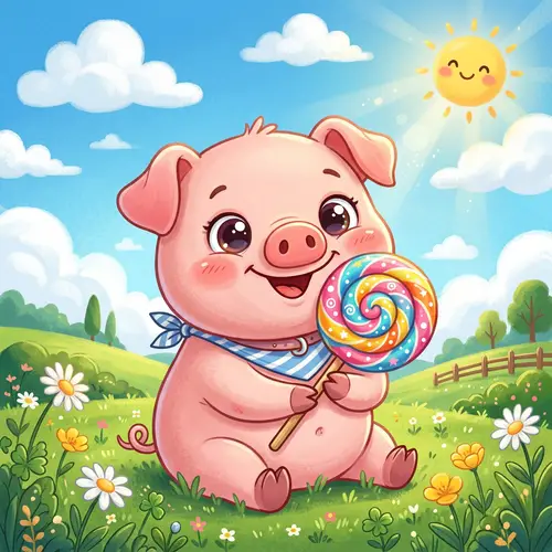 Chubby Little Pig Cartoon Holding Lollipop | Cute and Innocent