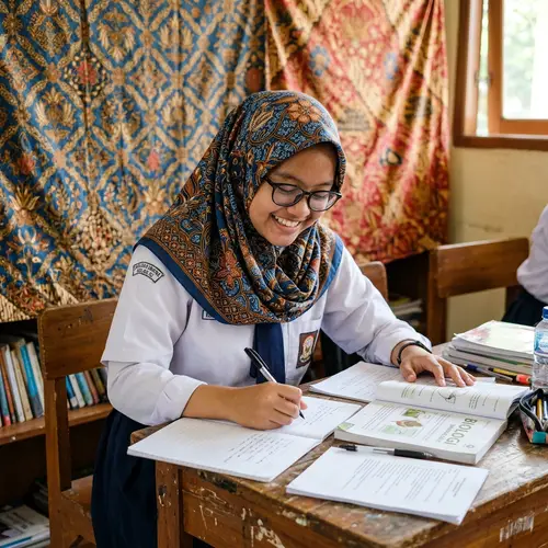 Indonesian Student | Hijab Girl Studying in Traditional Batik Setting