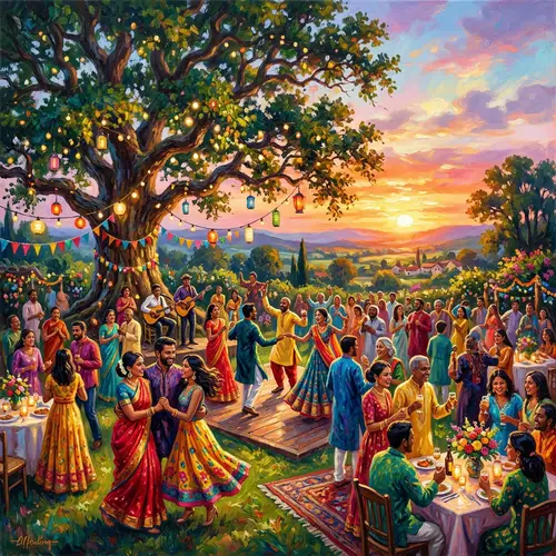 Outdoor Celebration Oil Painting | Vibrant Colors & Majestic Tree