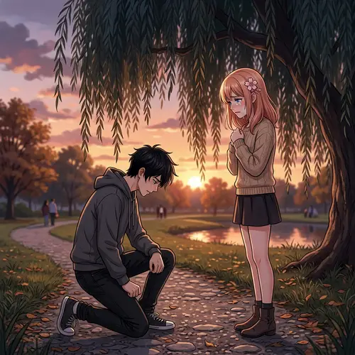 Heartrending Anime Couple Breakup Under Willow Tree