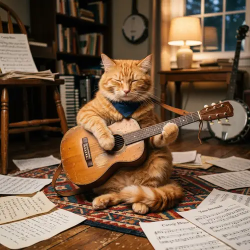 Adorable Cat Playing Acoustic Guitar - Musical Feline Delight