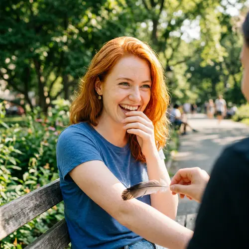 Joyous 21-Year-Old Redhead Woman Giggling Playfully | Outdoor Park