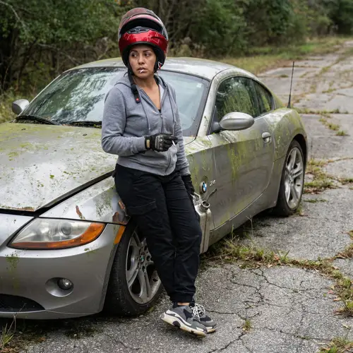 Hispanic Female Driver Leaning Against Sports Car