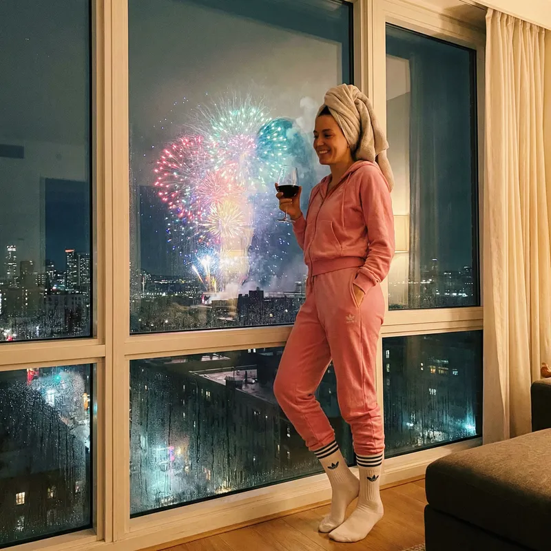 Woman in Pink Tracksuit at Window with Wine Glass and Fireworks