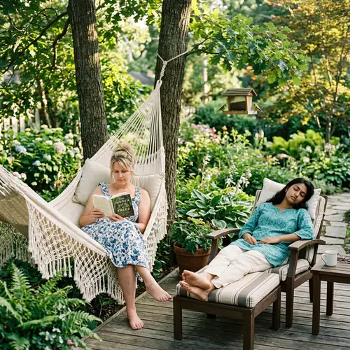 Tranquil Scene of Barefoot Women Relaxing Outdoors