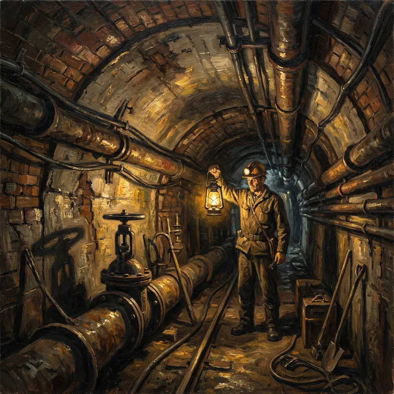 Solitary Engineer in Industrial Tunnel - Shadow and Light