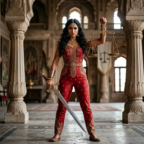 Indian Woman with Scales of Justice and Sword of Truth