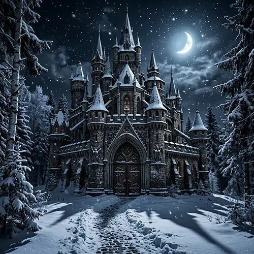 Gothic Russian Castle in Chilled Winter Landscape