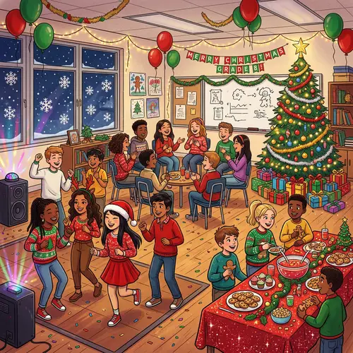 Festive Grade 8 Christmas Party in Decorated Classroom