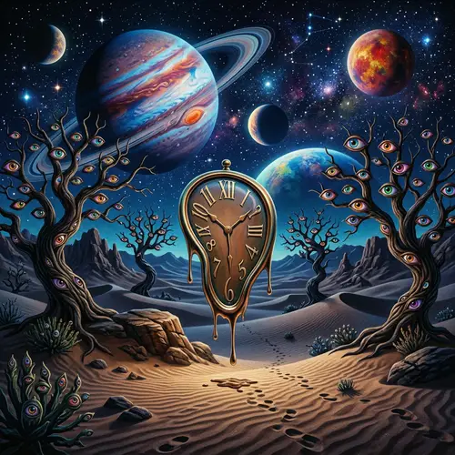Melting Clock in a Surreal Desert Landscape