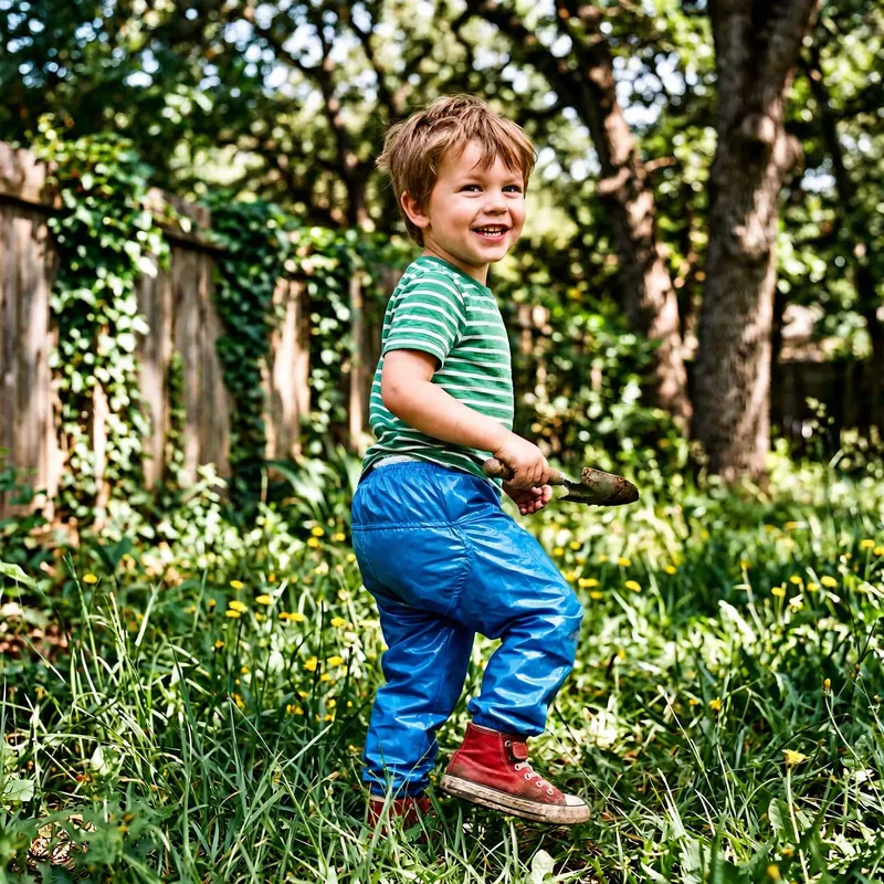 Playful Young Boy in Vibrant Pants - Outdoor Fun