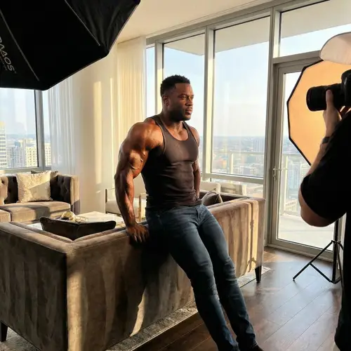 Muscular African Bodybuilder Modeling in Luxurious Penthouse