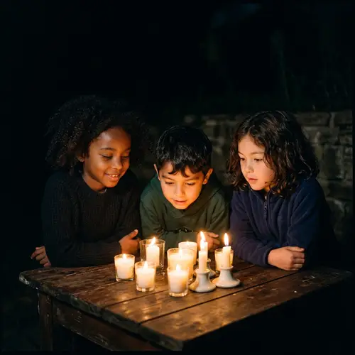 Enchanting Nighttime Scene: Children by Candlelight