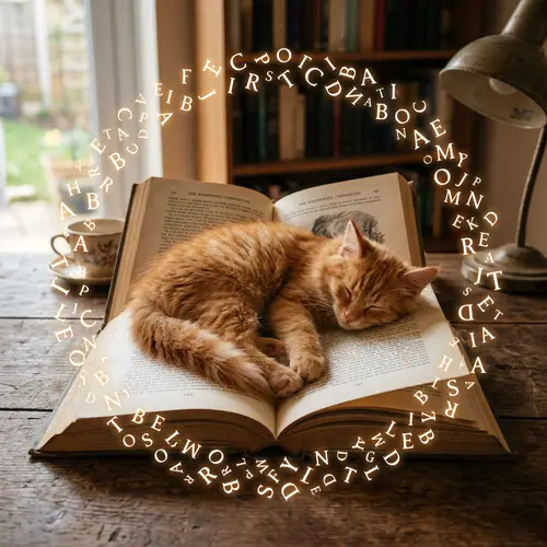 Serene Scene with Fluffy Cat and Flying Letters