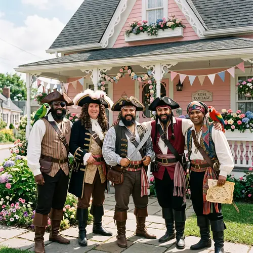 Diverse Adult Men in Pirate Costumes at Charming Pink House