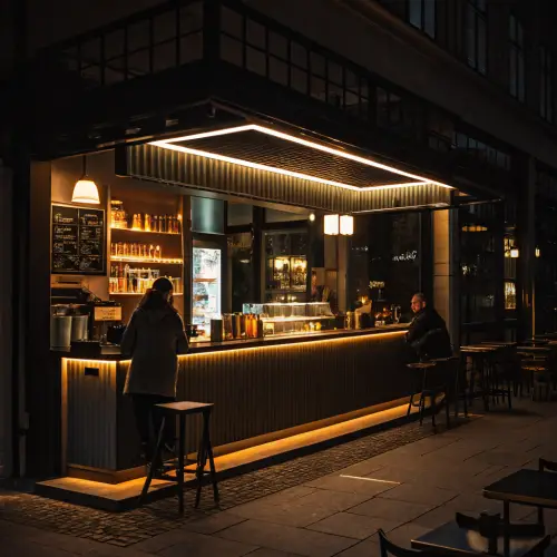 Charming Dark Cafe with Illuminated Bar