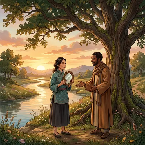 Serene Scene of Truth and Compassion: Diverse Conversations Beneath Grand Tree