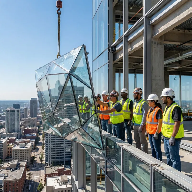 Glass Panel Installation: Skilled Laborers, Modern Building | Urban Construction