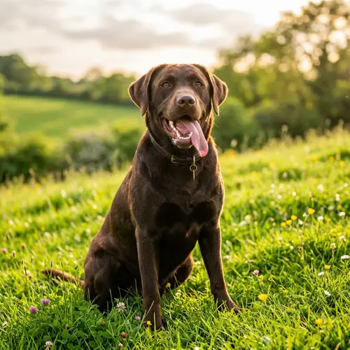 Happy Brown Labrador Retriever Enjoying Sunshine in Green Field