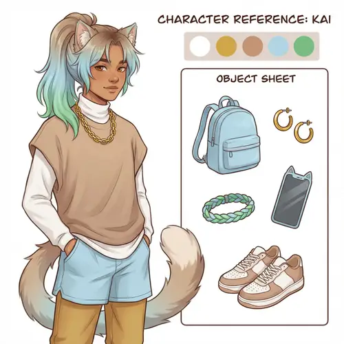 Skinny Boy Character Reference Sheet with Cat Ears and Tail