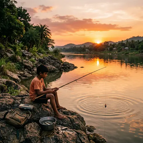 Serene South Asian Boy Fishing at Sunset | Tranquil Scene