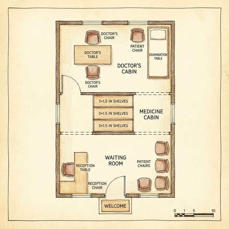 110-Sq-Ft Homoeopathy Clinic Layout: Doctors' Cabin, Medicine Cabin, Patient Waiting Room
