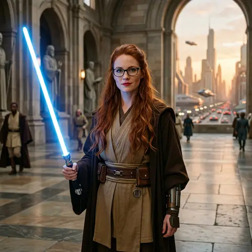 Female Jedi with Auburn Hair, Glasses & Red Lipstick