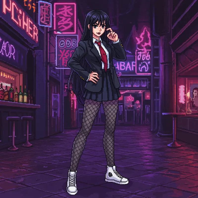90s Pixel Art Fighter Character - Gothic Anime Style